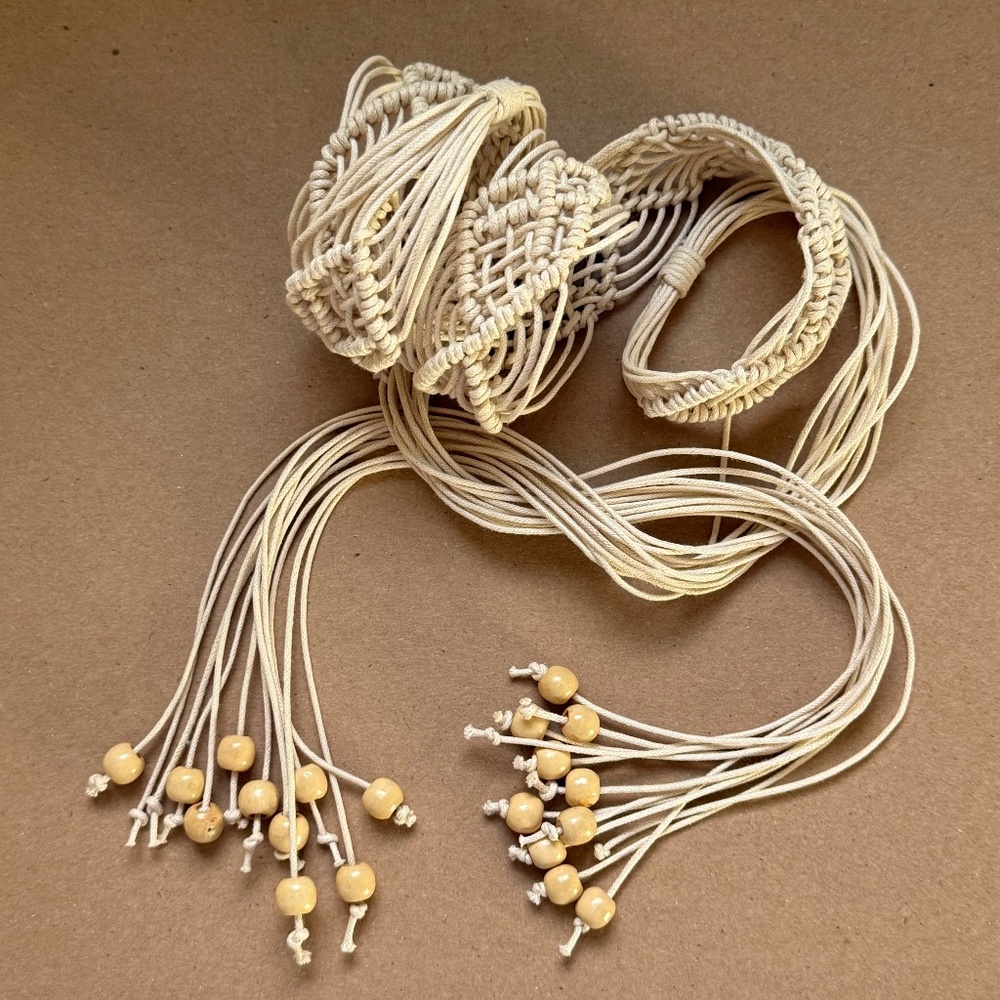 HANDMADE Macrame Belt Off White Beaded Fringe